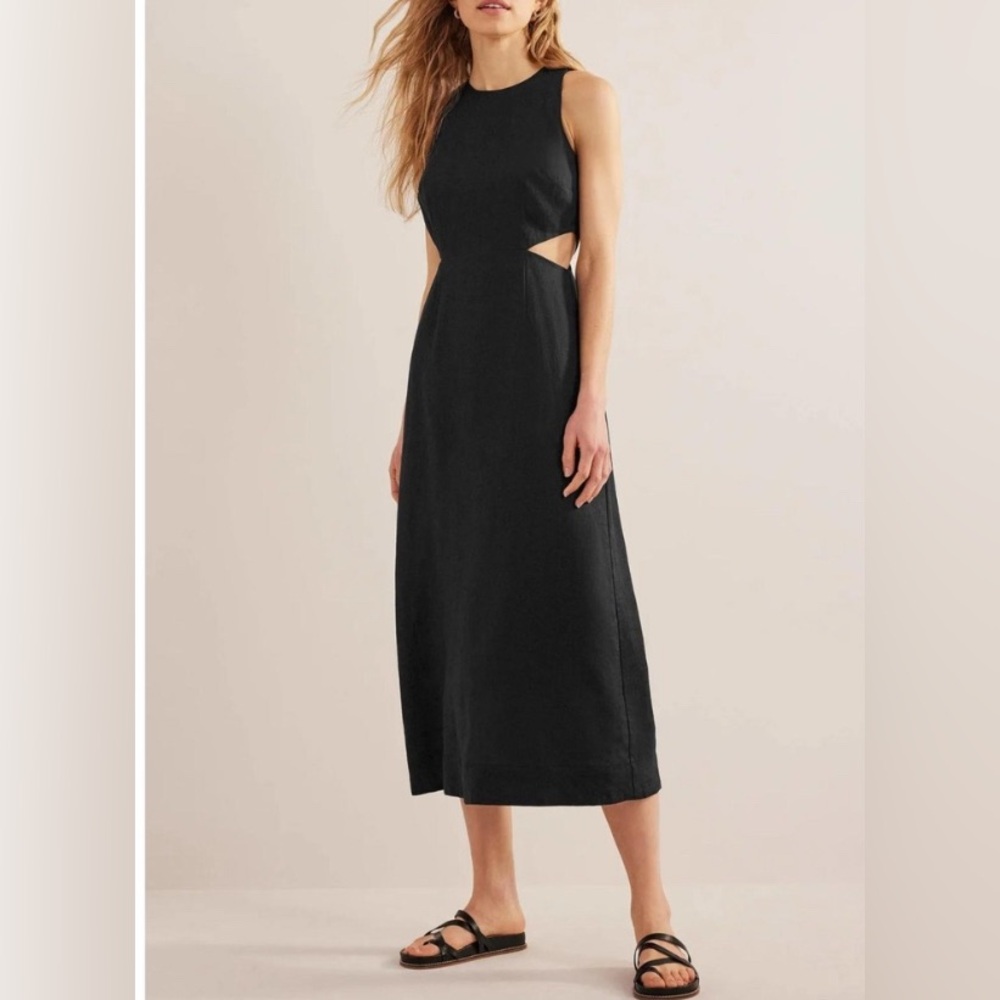 Boden Black linen Midi Dress with Cutout Detail